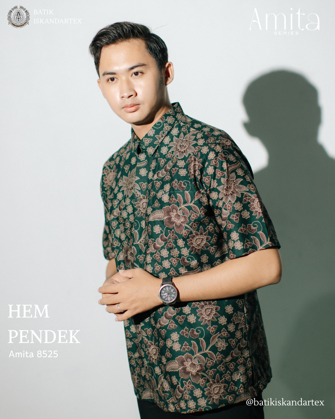 Hem Batik Pria Amita 8525 Lengan Pendek Warna Hijau Emerald Motif Floral Modern Batik Iskandartex
