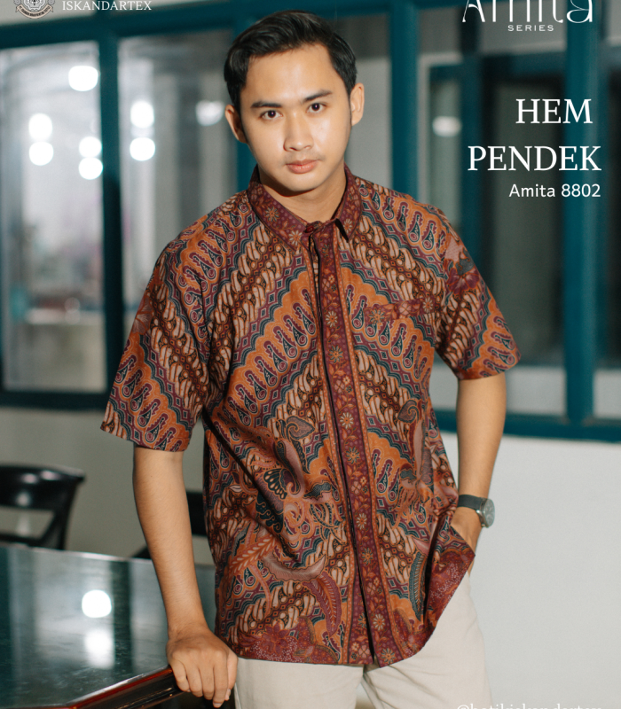 Hem Batik Pria Amita 8802 Lengan Pendek Warna Cokelat Teracotta Motif Parang Modifikasi Batik Iskandartex